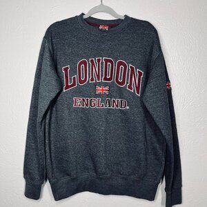 KK Apparel Embroidered London England Union Jack Gray Crew Neck Sweatshirt